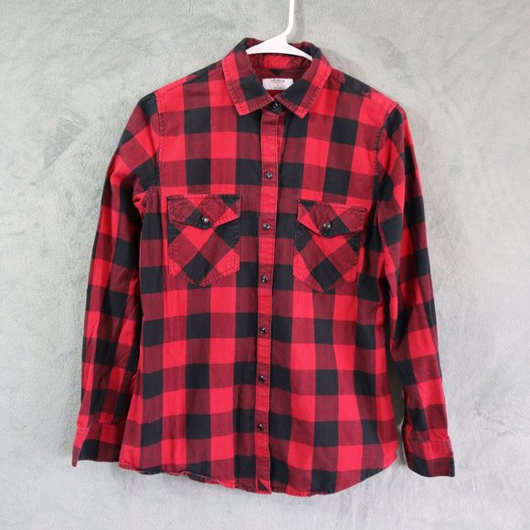Untuckit Dylan Flannel Womens Small 4 Black Red Plaid Long Sleeve Pearl Snap - Picture 1 of 10